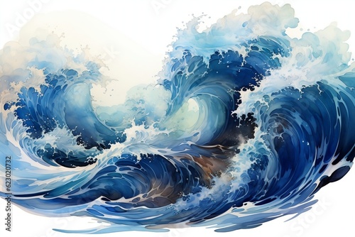 Powerful Surge Isolated Large Stormy Sea Wave in Deep Blue on White Background. Generative AI