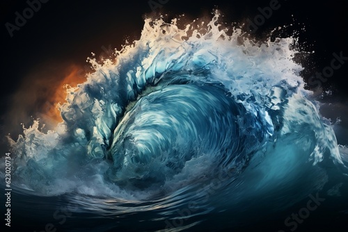 Powerful Surge Isolated Large Stormy Sea Wave in Deep Blue on White Background. Generative AI © Haider