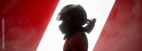 Silhouette portrait of modern race car pilot posing against bright light