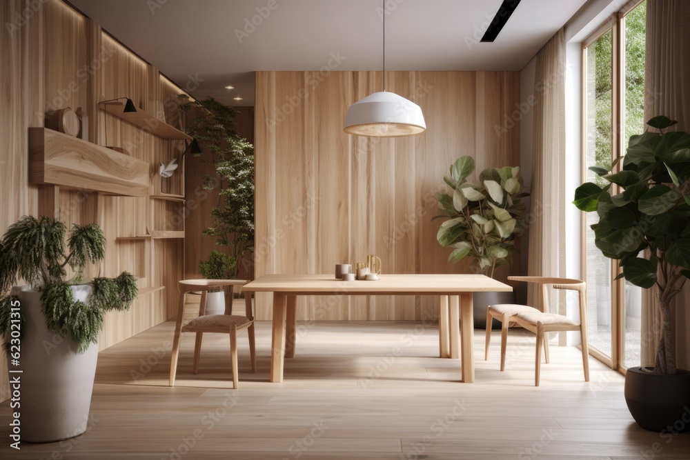 A contemporary room with furnishings interior design, a lovely plant in a pot, and a table. Generative AI A contemporary room with furnishings interior design, a lovely plant in a pot, and a table. Generative AI