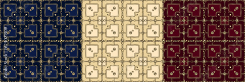 Set of seamless traditional asian ornamental patterns with realistic jewelry golden chains, beads. Japanese, chinese, korean ornament. Geometric grid