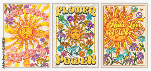 Set of groovy retro posters with sun, sunbeams, chamomile flowers, peace sign, text. Peaceful antiwar concept. Bright summer vintage illustration.