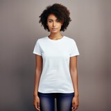 Fictional young afro woman model wearing a plain white t-shirt. Isolated on colored background. Generative AI illustration.