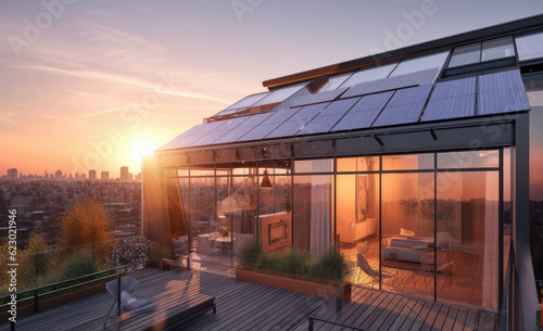 solar house with solar panels on the roof, generative AI