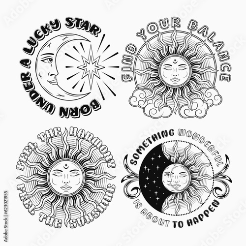 Labels with sun, crescent moon, eclipse, text. Mythological fairytale characters with face. Magic, mystical, astrology concept. For clothing, apparel, T-shirts, surface decoration, kids design