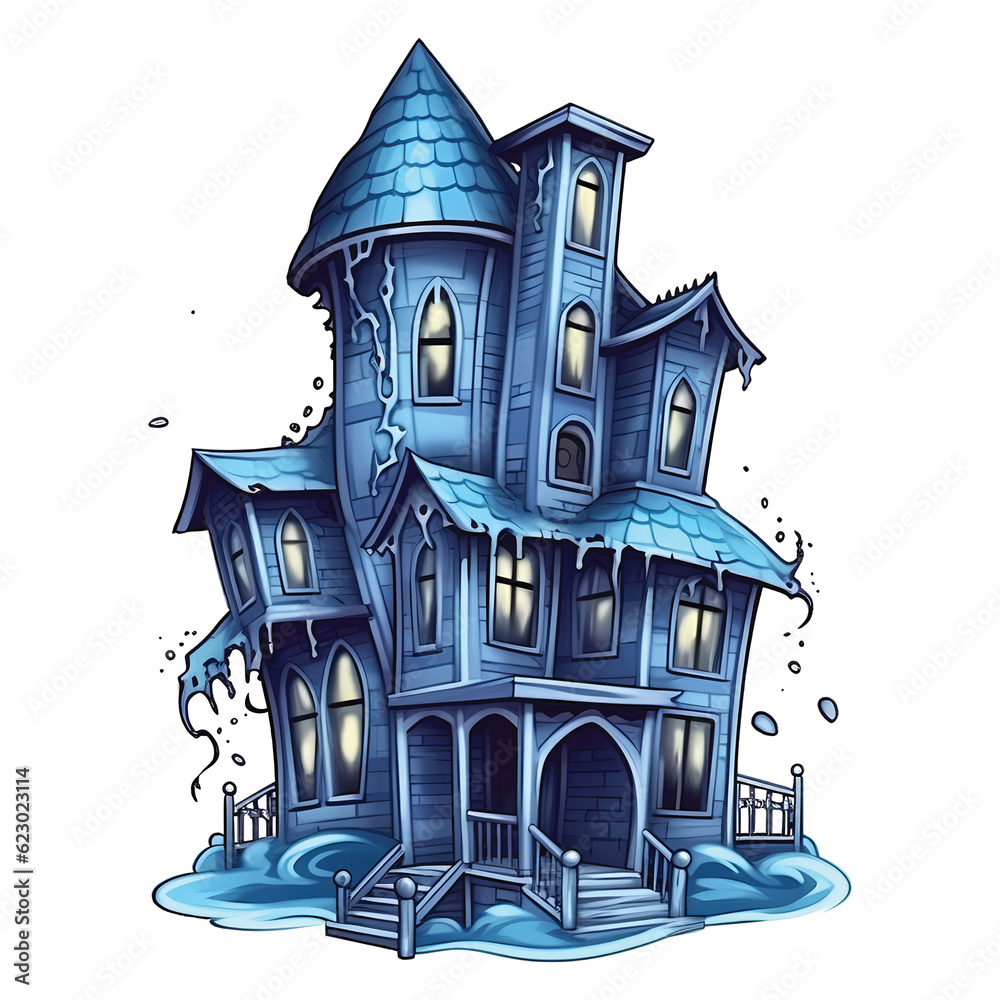 Hauntingly Beautiful: Blue House Illustration with a Spooky Twist