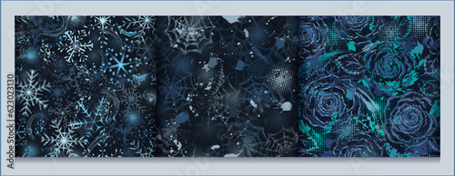 Set of blue camouflage patterns with snowflake, roses, spiderweb. Dense composition with overlapping elements. Good for apparel, fabric, textile, sport goods. Grunge texture