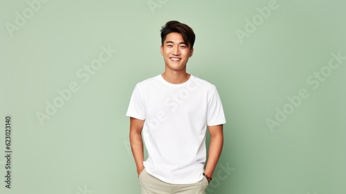 Fictional young asian male model wearing a plain white t-shirt. Isolated on colored background. Generative AI illustration.