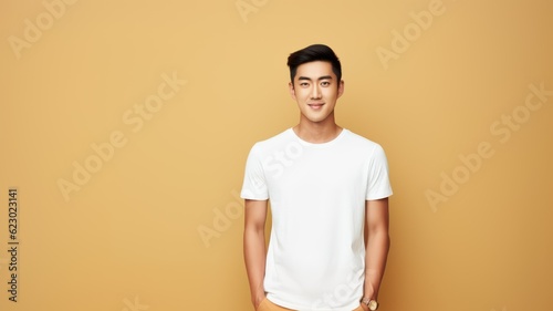 Fictional young asian male model wearing a plain white t-shirt. Isolated on colored background. Generative AI illustration.