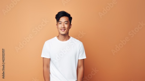 Fictional young asian male model wearing a plain white t-shirt. Isolated on colored background. Generative AI illustration.