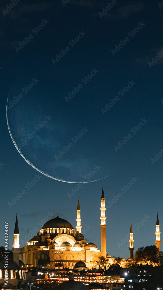 Fototapeta premium Islamic new year concept image. Suleymaniye Mosque and crescent moon