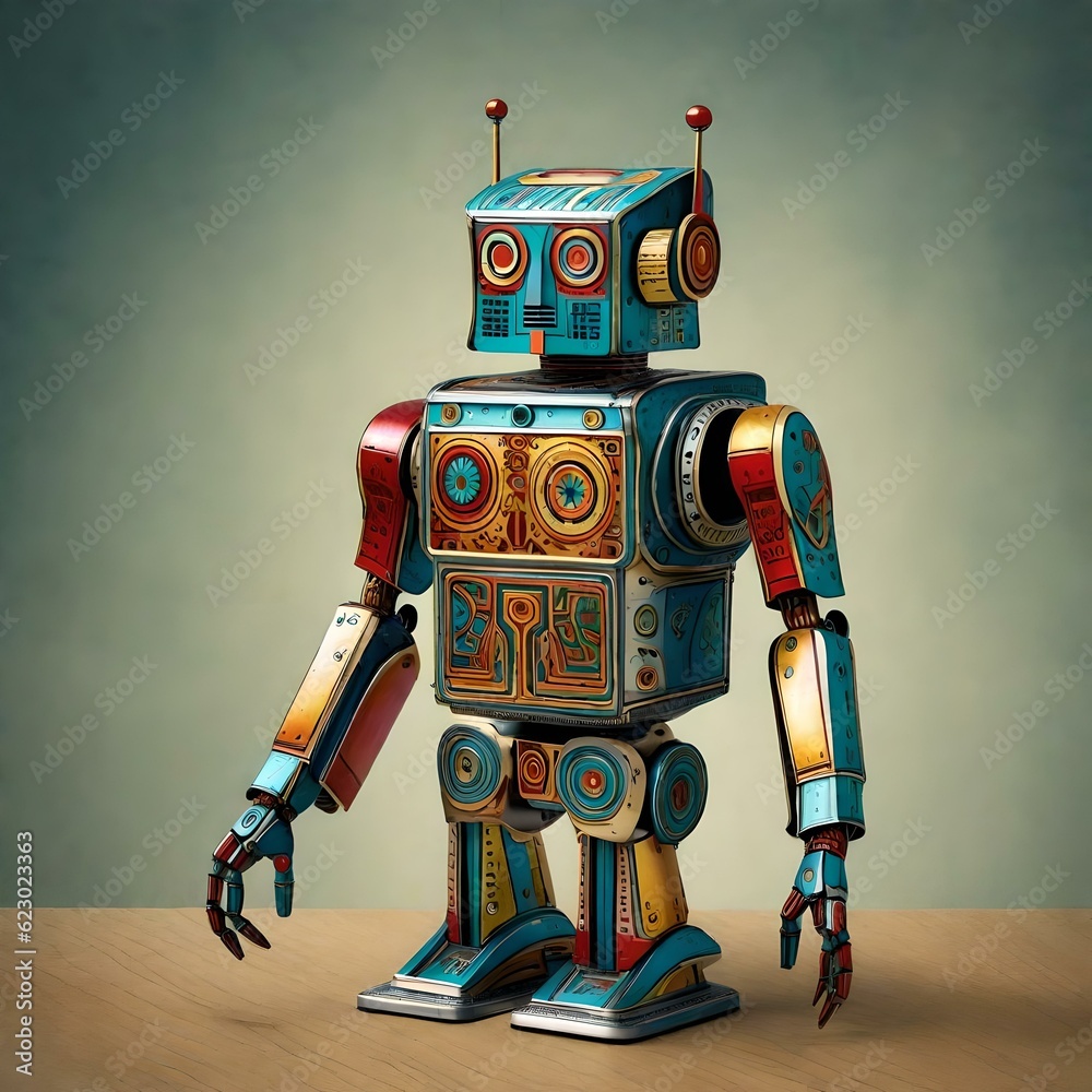 Fototapeta premium Image of a vintage toy tin robot. (AI-generated fictional illustration) 