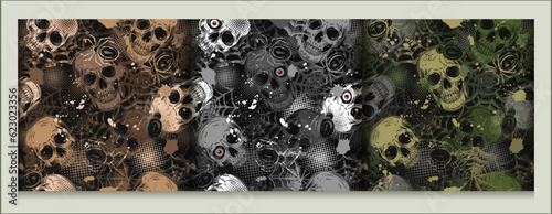 Grunge camouflage pattern with human skulls, spiders, spiderweb, blots, halftone shapes. Random chaotic composition. Good for apparel, clothing, fabric, textile, sport goods.