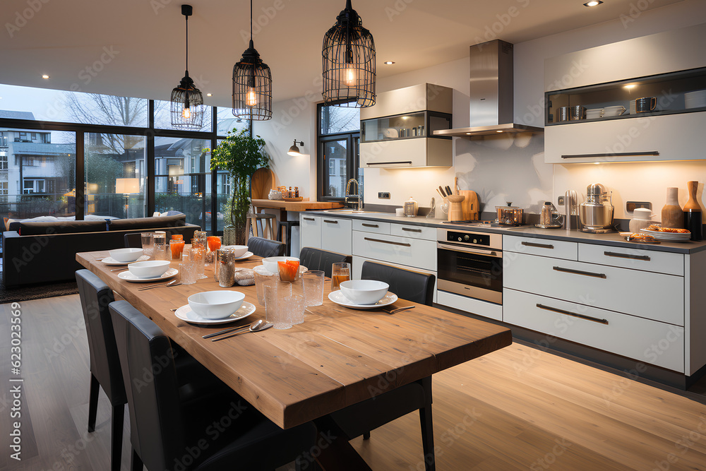 A living room of a beautiful bright modern Scandinavian style house with large windows opening, generative AI
A living room of a beautiful bright modern Scandinavian style house with large windows opening, generative AI