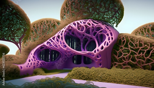 a stunning  hometree building with organic shapes made from biomaterials, purple tentacles, colorful, leafy vines, 3d vray render,AI generated photo