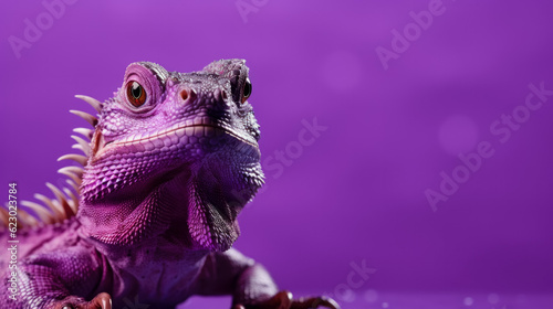 Cute iguana closeup isolated on purple background