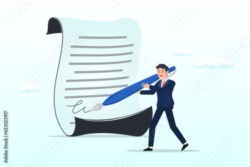 Confidence businessman leader or client using fountain pen signing his signature on paperwork, business deal, agreement, sign contract and paperwork for banking loan, government policy (Vector)