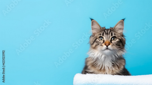 Cat taking a bath in a grooming salon  blue vivid background with empty space for text