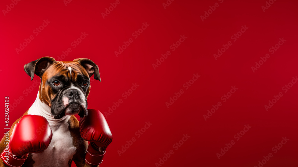 Boxer dog in boxer gloves isolated on red background with a copy space
