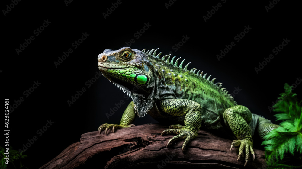 Closeup iguana view isolated on vivid background, copy space
