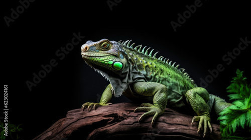 Closeup iguana view isolated on vivid background, copy space