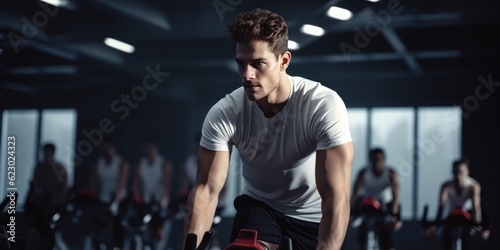 Portrait of a Young athletic man in sportswear doing cycling on exercise bikes at the gym, generative ai
