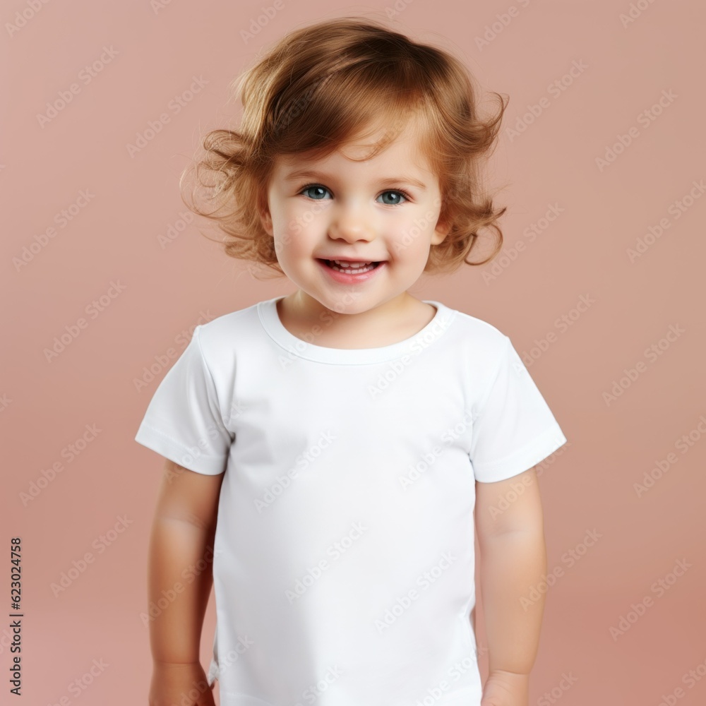 Fictional young toddler wearing a plain white t-shirt. Isolated on colored background. Generative AI illustration. Fictional young toddler wearing a plain white t-shirt. Isolated on colored background. Generative AI illustration.