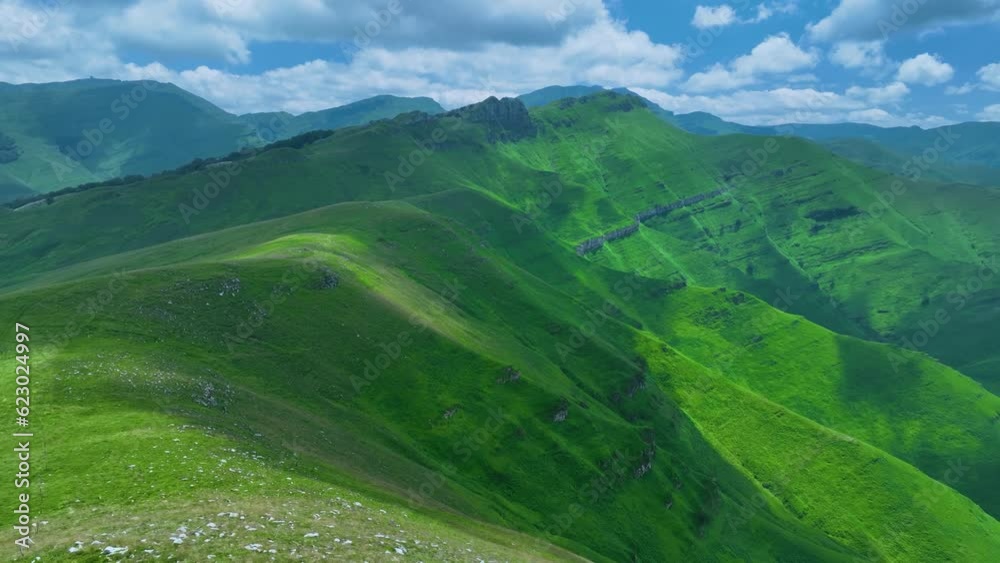 Aerial view from a drone. Spring landscape in the Picones de Sopeña, in the surroundings of the village of San Roque de Riomiera. Valleys Pasiegos, Cantabria, Spain, Europe