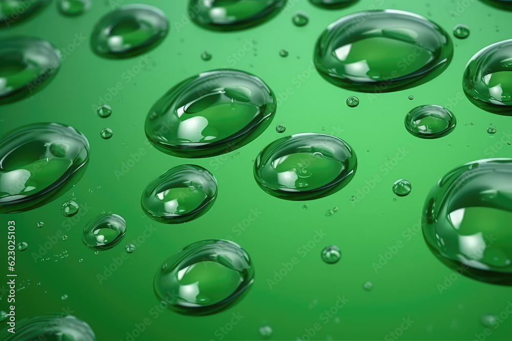 Close-up of hyaluronic acid droplet texture on a green background. Large glass drops of moisturizing essence in cosmetology. Generative AI 3d render illustration imitation.
