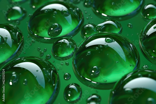 Closeup of hyaluronic acid droplet texture on a green background. Large glass drops of moisturizing essence in cosmetology. Generative AI 3d render illustration imitation.