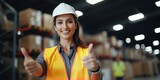 Happy Young female engineer wearing safety workwear standing in the factory and thumbs up to appreciate the success of the teamwork. safety first in the industrial plant, generative ai
