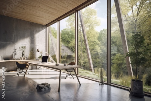 A depiction of a contemporary office with a view of the outdoors. co working room with an interior in the loft concrete style. wide window with a view of the woodland and the natural world. white drap