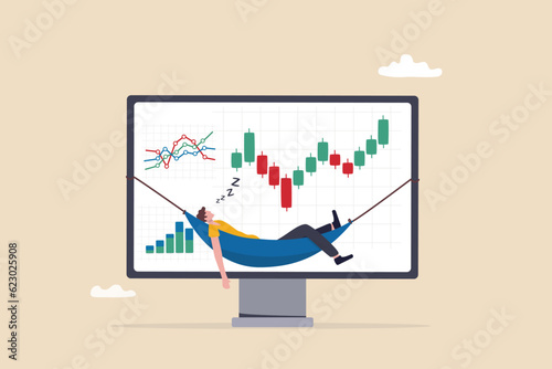 Passive investment, make money or earning with no activity, financial freedom or independence, relax rich businessman or wealth management concept, success investor sleep on financial graph computer.