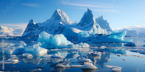 Obraz na płótnie Ice Icebergs And Snow Covered Rocks Against The Sea Created With The Help Of Art