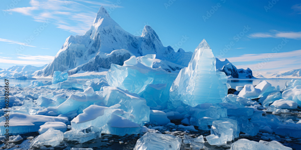 Ice Icebergs And Snow Covered Rocks Against The Sea Created With The Help Of Artificial Intelligence