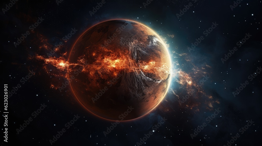 Galaxy backdrop with red planet in outer space