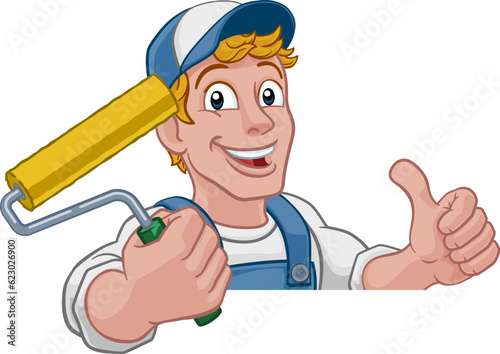 A painter decorator handyman cartoon construction man mascot character holding a paint roller tool