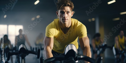 Portrait of a Young athletic man in sportswear doing cycling on exercise bikes at the gym, generative ai © OP38Studio