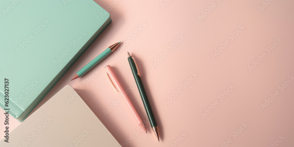 Overhead view of a flat desk surface with a daily planner, pen and