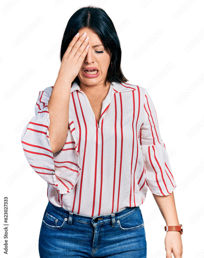Young hispanic girl wearing casual clothes yawning tired covering half face, eye and mouth with hand. face hurts in pain. Young hispanic girl wearing casual clothes yawning tired covering half face, eye and mouth with hand. face hurts in pain.