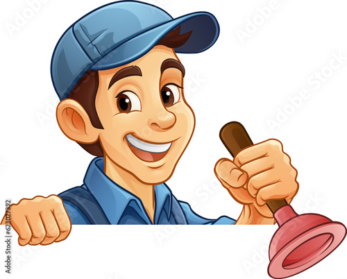 A plumber handyman plumbing construction cartoon mascot man holding a drain plunger tool.