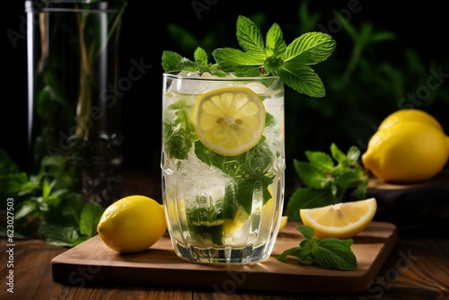 Refreshing Summer Drink with Lemon and Mint Garnish. Generative AI