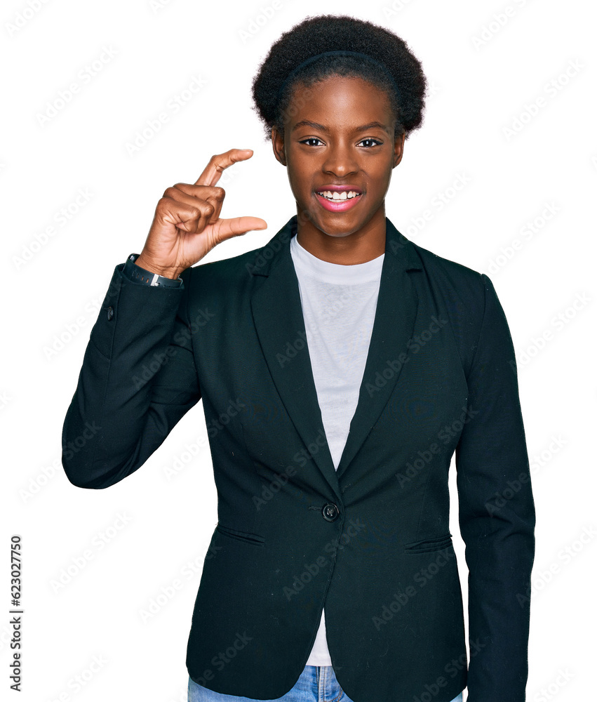 Young african american girl wearing business clothes smiling and confident gesturing with hand doing small size sign with fingers looking and the camera. measure concept. Young african american girl wearing business clothes smiling and confident gesturing with hand doing small size sign with fingers looking and the camera. measure concept.