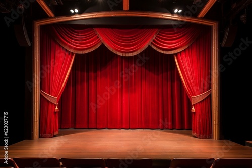 Red Curtain and Wooden Podium. Generative AI