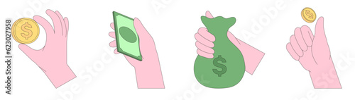 Hands gesture vector illustration set or collection. Money, bundle of banknotes, cash, exchange, pay, count, give currency and other financial activity. Financial operations concept. Finance icons.