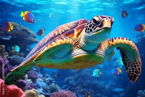 A Turtle with a Group of Colorful Fish and Sea Animals. Generative AI © Haider