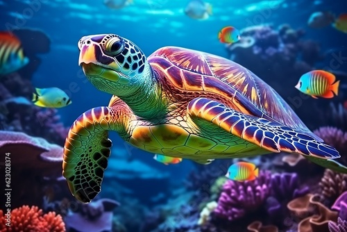 A Turtle with a Group of Colorful Fish and Sea Animals. Generative AI