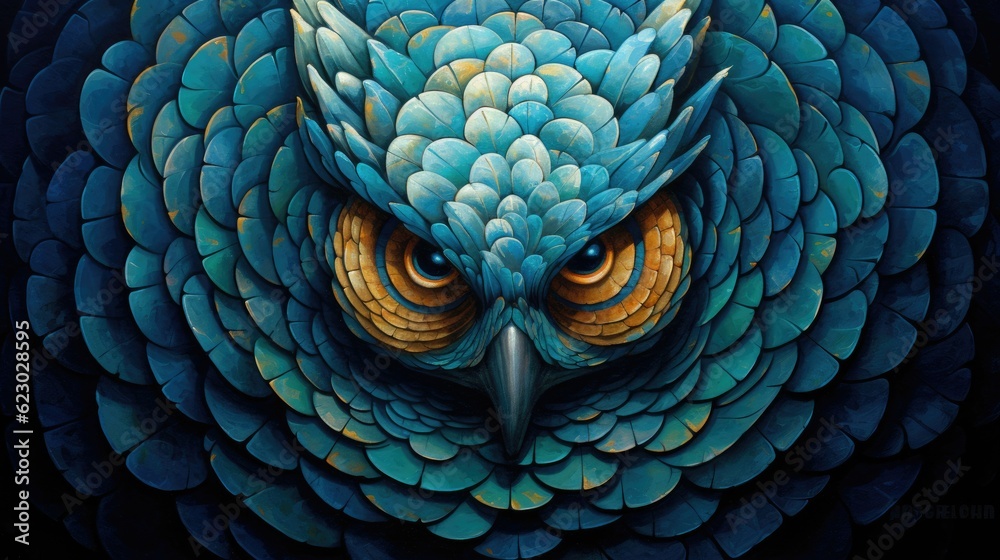 Obraz premium Artistic carved stone pebble mosaic art of an owl bird with captivating eyes, stacked and arranged in concentric circle patterns with detailed ornate textured complexity - generative AI