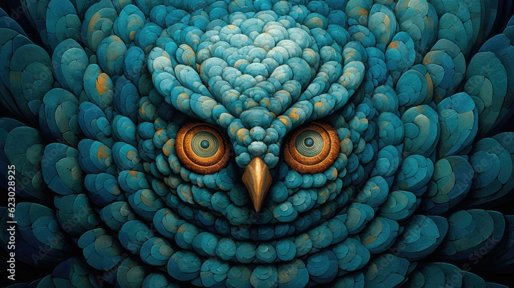 Fototapeta premium Radical and bizarre depiction of an owl with intense piercing gaze, captivating artistic surrealism, pop art colors of faded blue and green with round circle patterns - generative AI