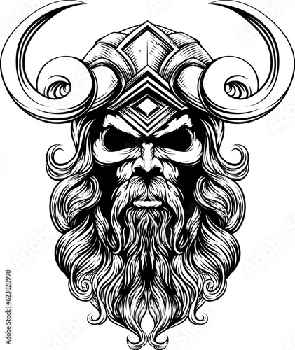 A Viking warrior or barbarian gladiator man mascot face looking strong wearing a helmet. In a retro vintage woodcut style.